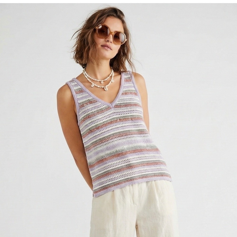 Cloud Chaser Retro Coastal Crochet Knit Tank Top Purple‎ Striped Boho Size L